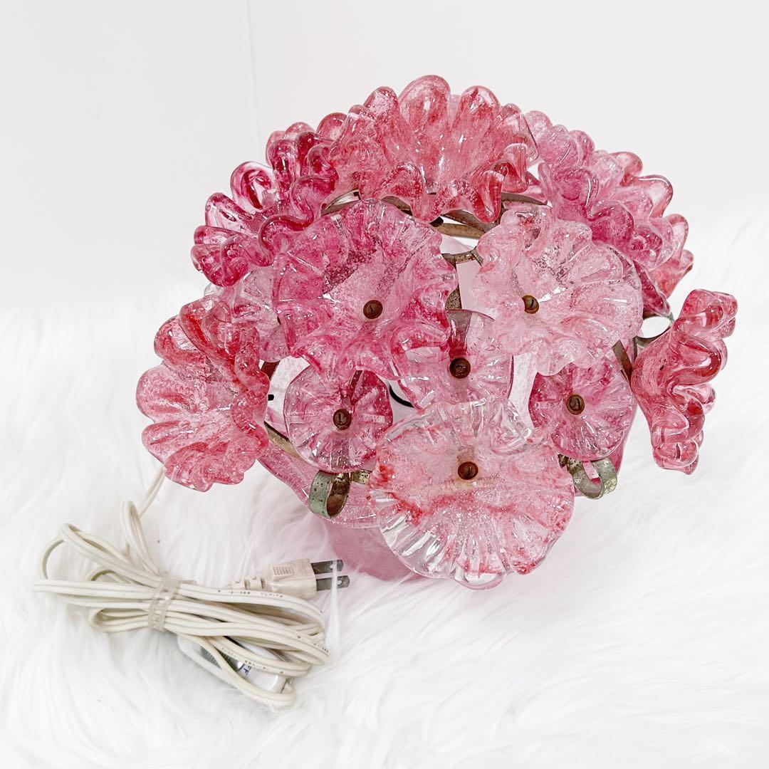 岩田工芸ガラス 照明 ランプ ピンク 花柄 日本製 レトロ　花ガラスアンティーク