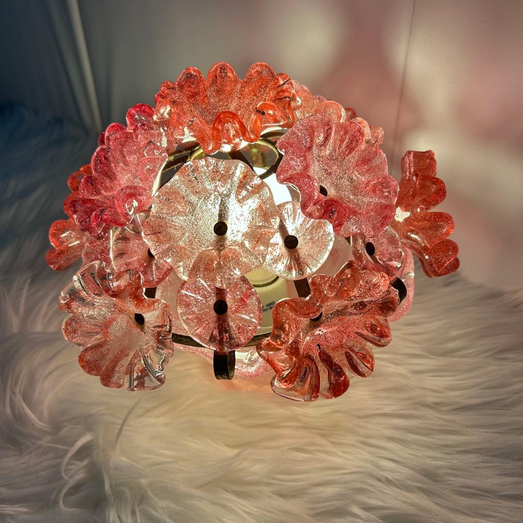 岩田工芸ガラス 照明 ランプ ピンク 花柄 日本製 レトロ　花ガラスアンティーク