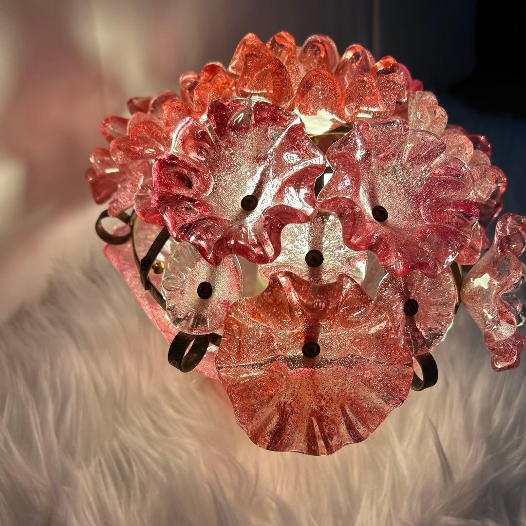 岩田工芸ガラス 照明 ランプ ピンク 花柄 日本製 レトロ　花ガラスアンティーク