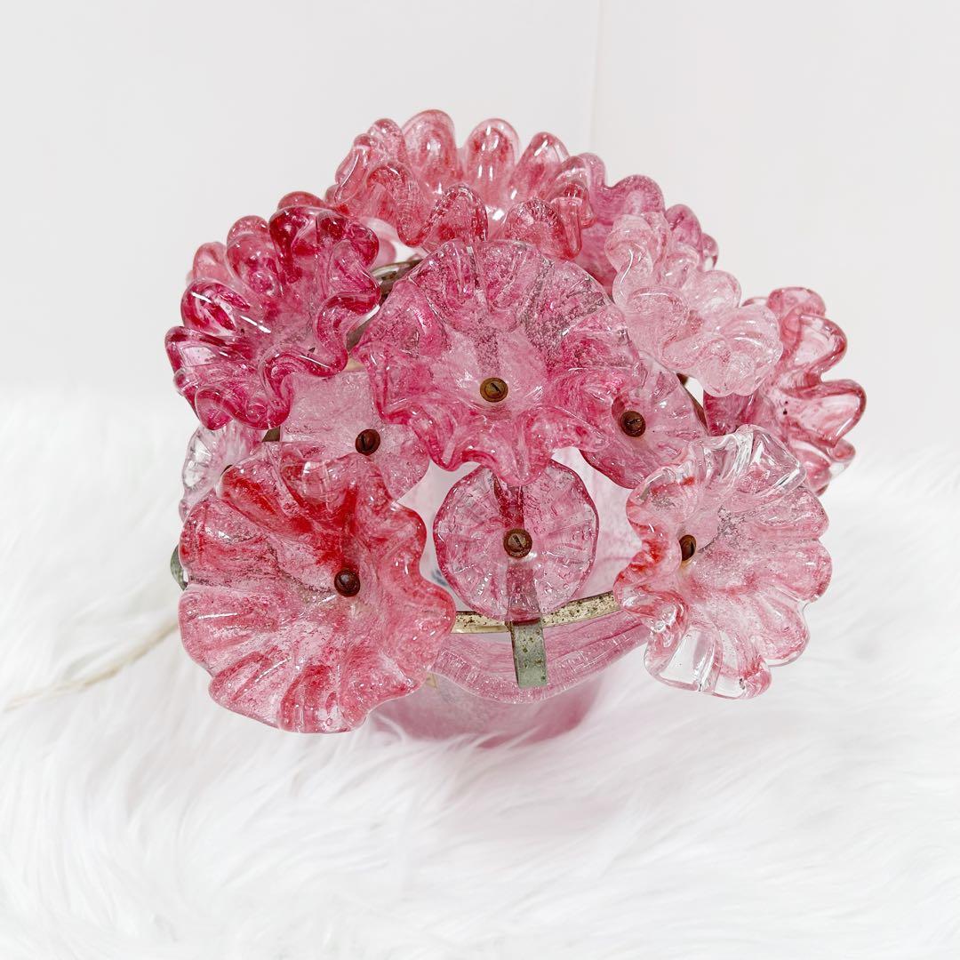 岩田工芸ガラス 照明 ランプ ピンク 花柄 日本製 レトロ　花ガラスアンティーク