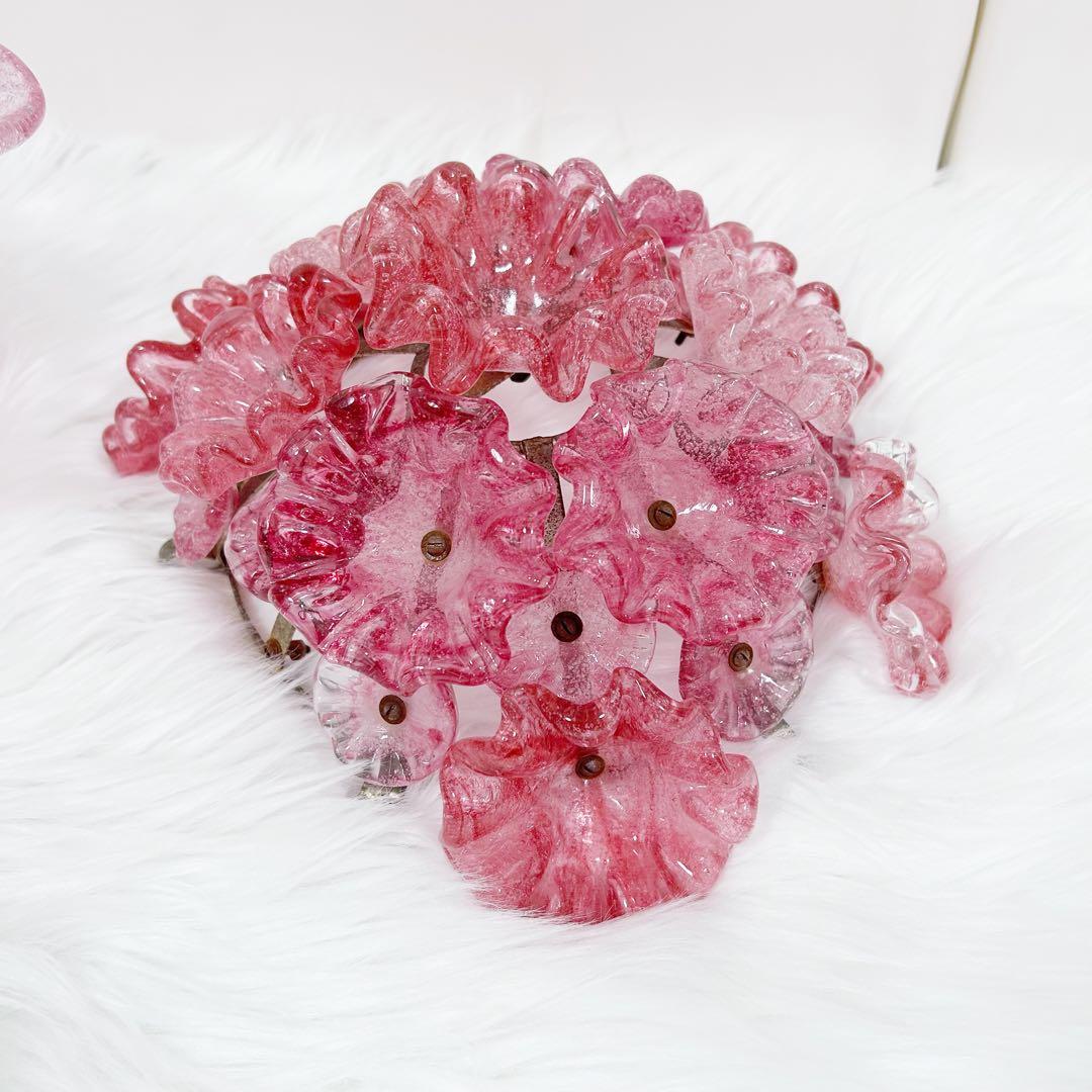 岩田工芸ガラス 照明 ランプ ピンク 花柄 日本製 レトロ　花ガラスアンティーク