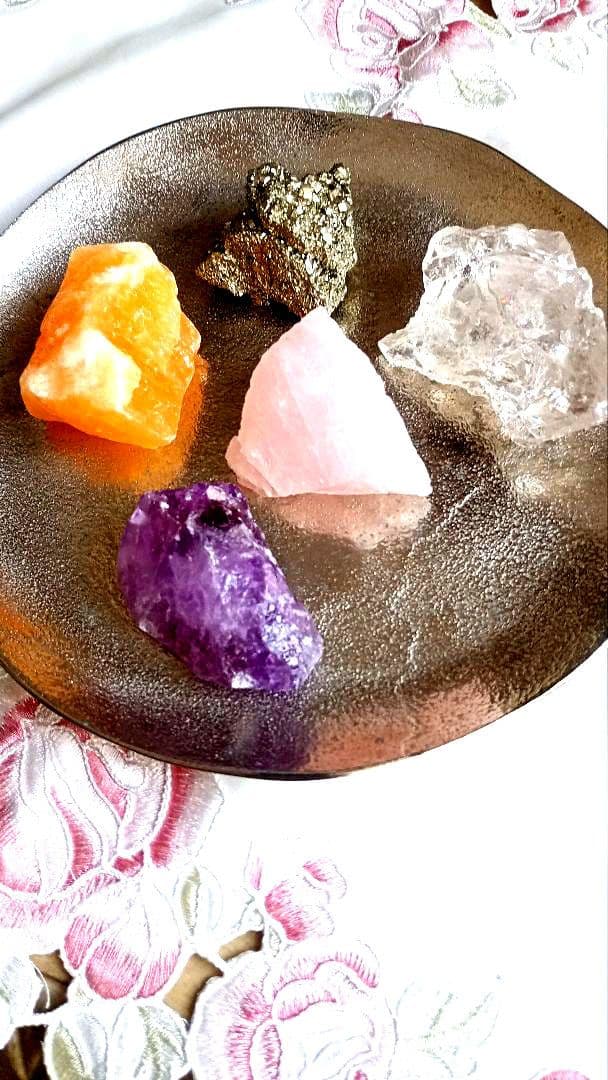 石材店購入 天然石 原石 5点セット（水晶・アメジスト・ローズクォーツ 他）