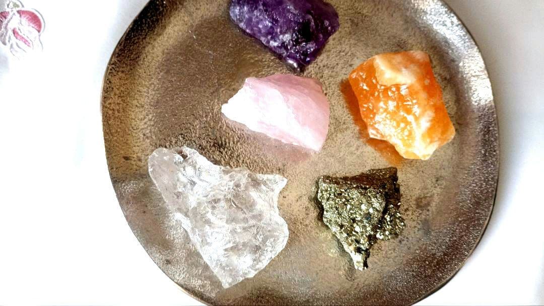 石材店購入 天然石 原石 5点セット（水晶・アメジスト・ローズクォーツ 他）