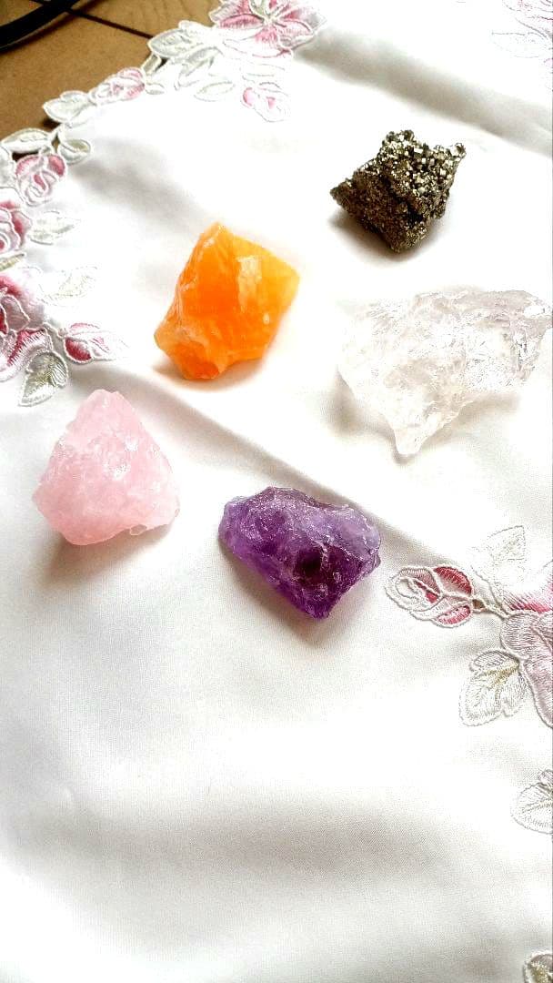 石材店購入 天然石 原石 5点セット（水晶・アメジスト・ローズクォーツ 他）