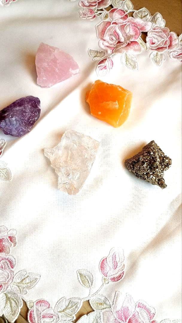 石材店購入 天然石 原石 5点セット（水晶・アメジスト・ローズクォーツ 他）