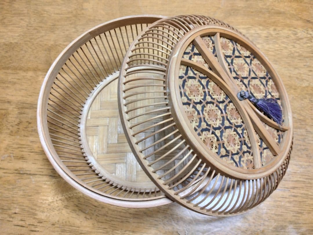 竹製 幾何学模様 菓子器 蓋付き