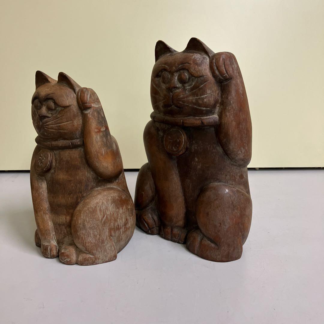 E-4昭和レトロ 招き猫 木製 置物 木彫り縁起物 2点セット 古道具 オブジェ