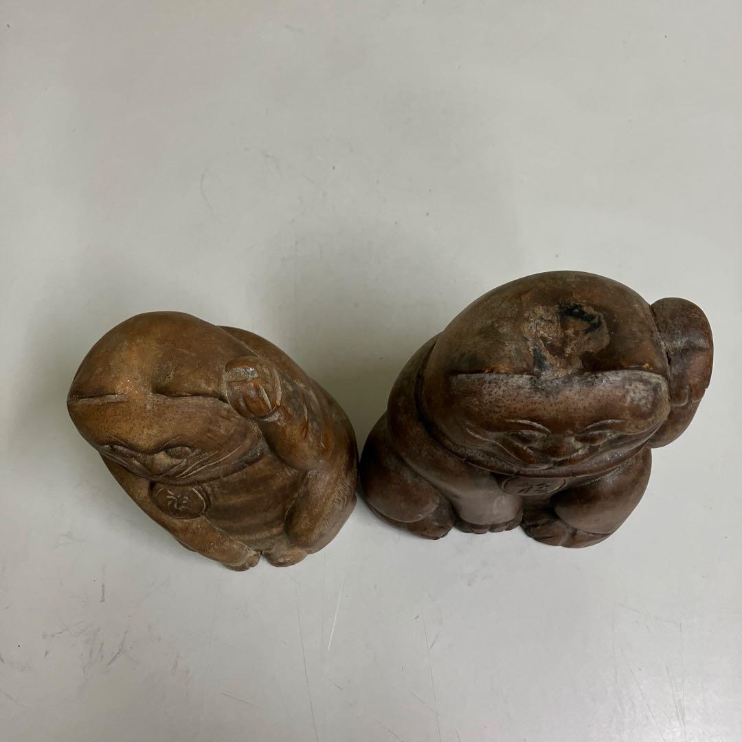 E-4昭和レトロ 招き猫 木製 置物 木彫り縁起物 2点セット 古道具 オブジェ