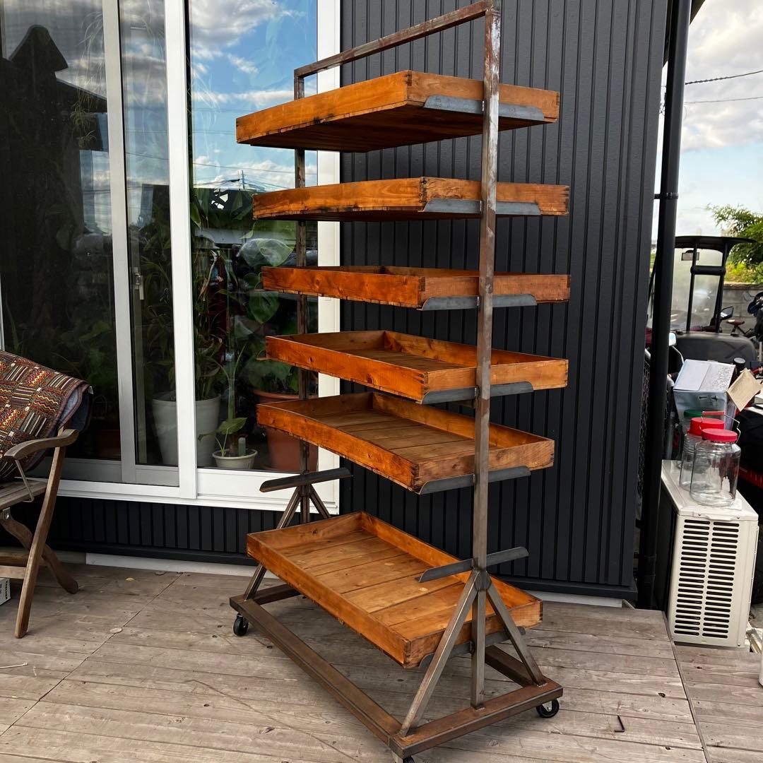 ヴィンテージ アイアンフレーム 木製バスケット トロリーワゴン インダストリアル