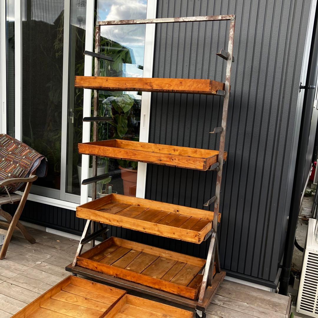 ヴィンテージ アイアンフレーム 木製バスケット トロリーワゴン インダストリアル