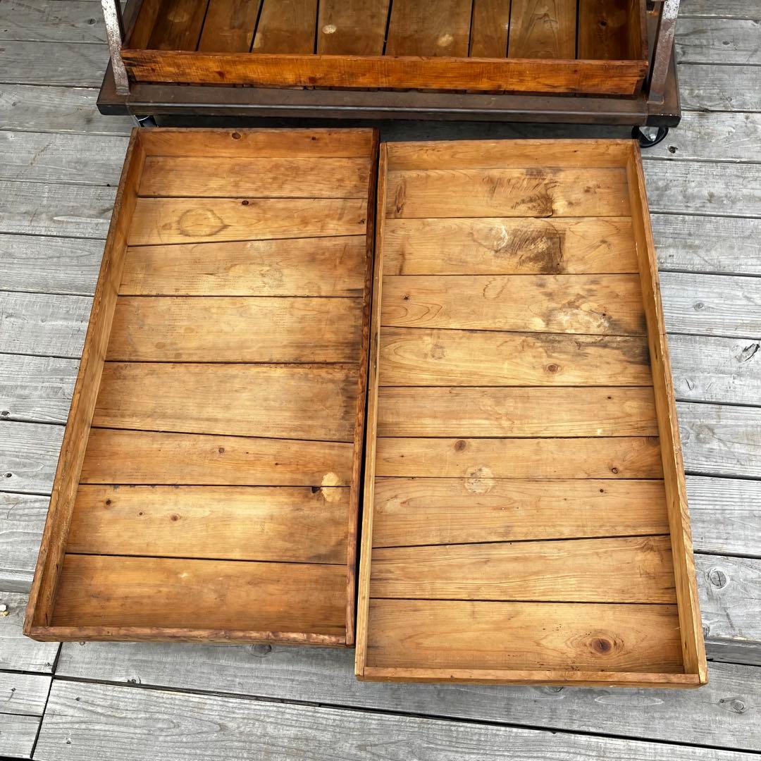 ヴィンテージ アイアンフレーム 木製バスケット トロリーワゴン インダストリアル