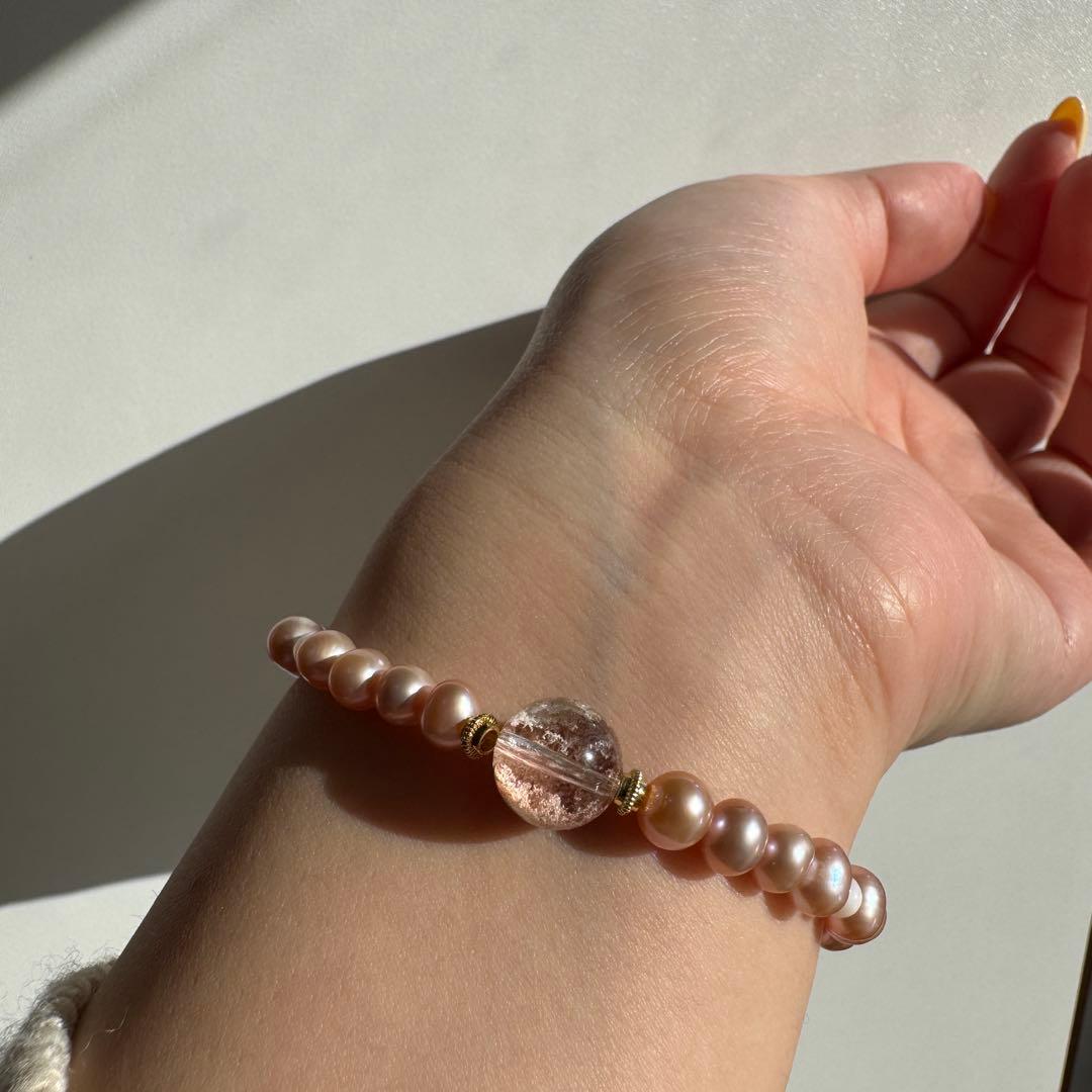 一点物　天然石　ハンドメイドブレス　ピンクガーデン　淡水パール　マザーオブパール