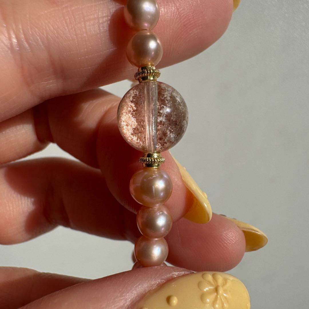 一点物　天然石　ハンドメイドブレス　ピンクガーデン　淡水パール　マザーオブパール