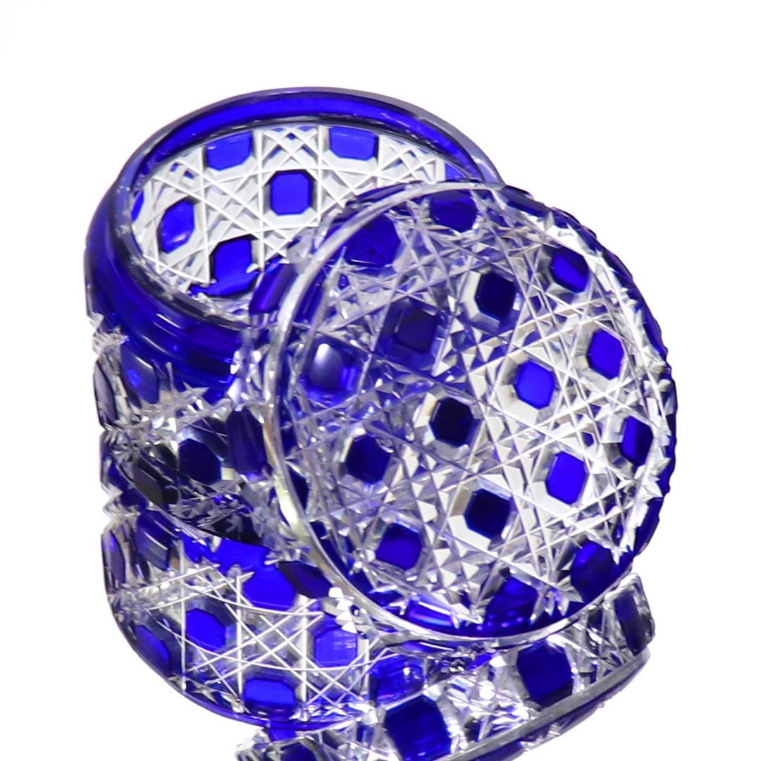 オールド・バカラ ドーム型 全面切子装飾 ディアマン・ピエーリー 青色被せ蓋物