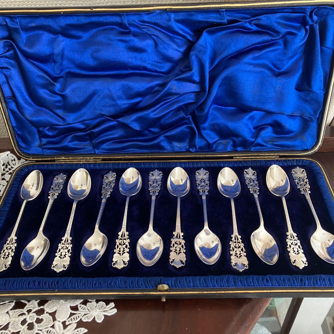 英国アンティーク　純銀　バーナード　クローバーピアススプーンセット12本