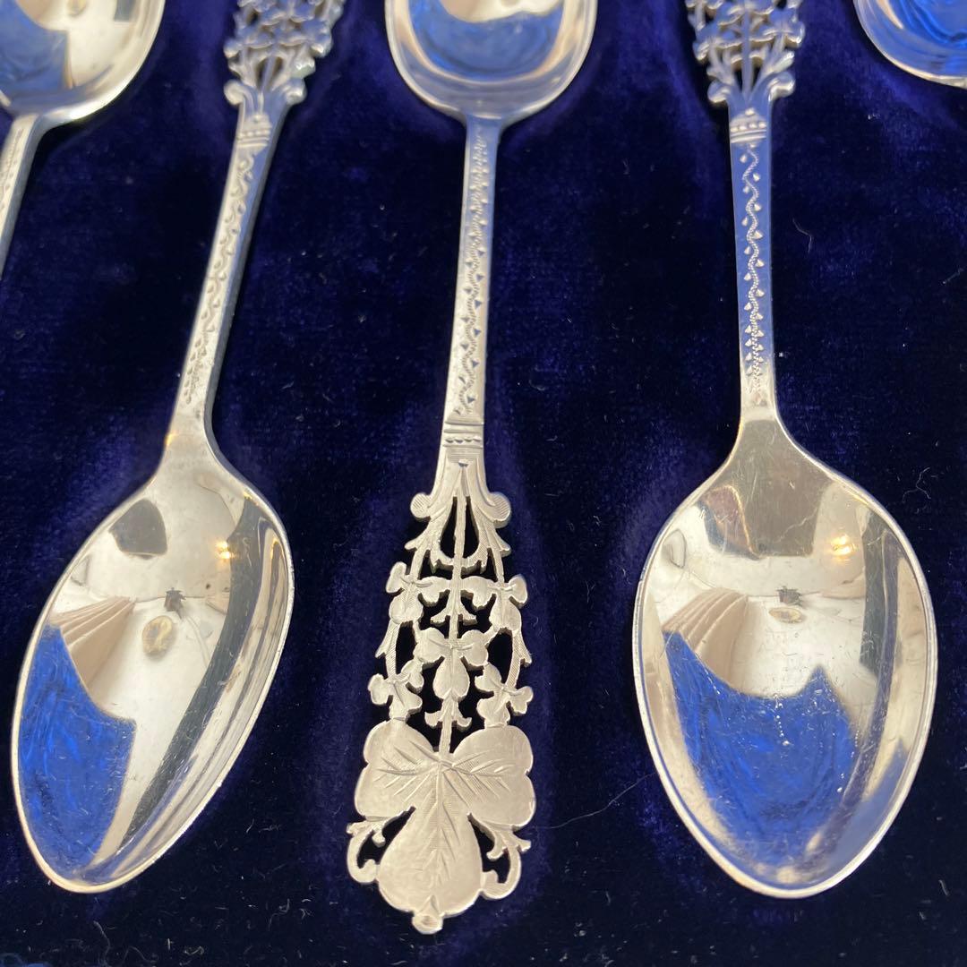 英国アンティーク　純銀　バーナード　クローバーピアススプーンセット12本