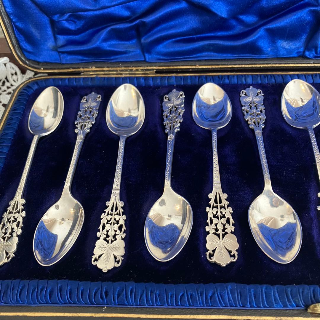 英国アンティーク　純銀　バーナード　クローバーピアススプーンセット12本