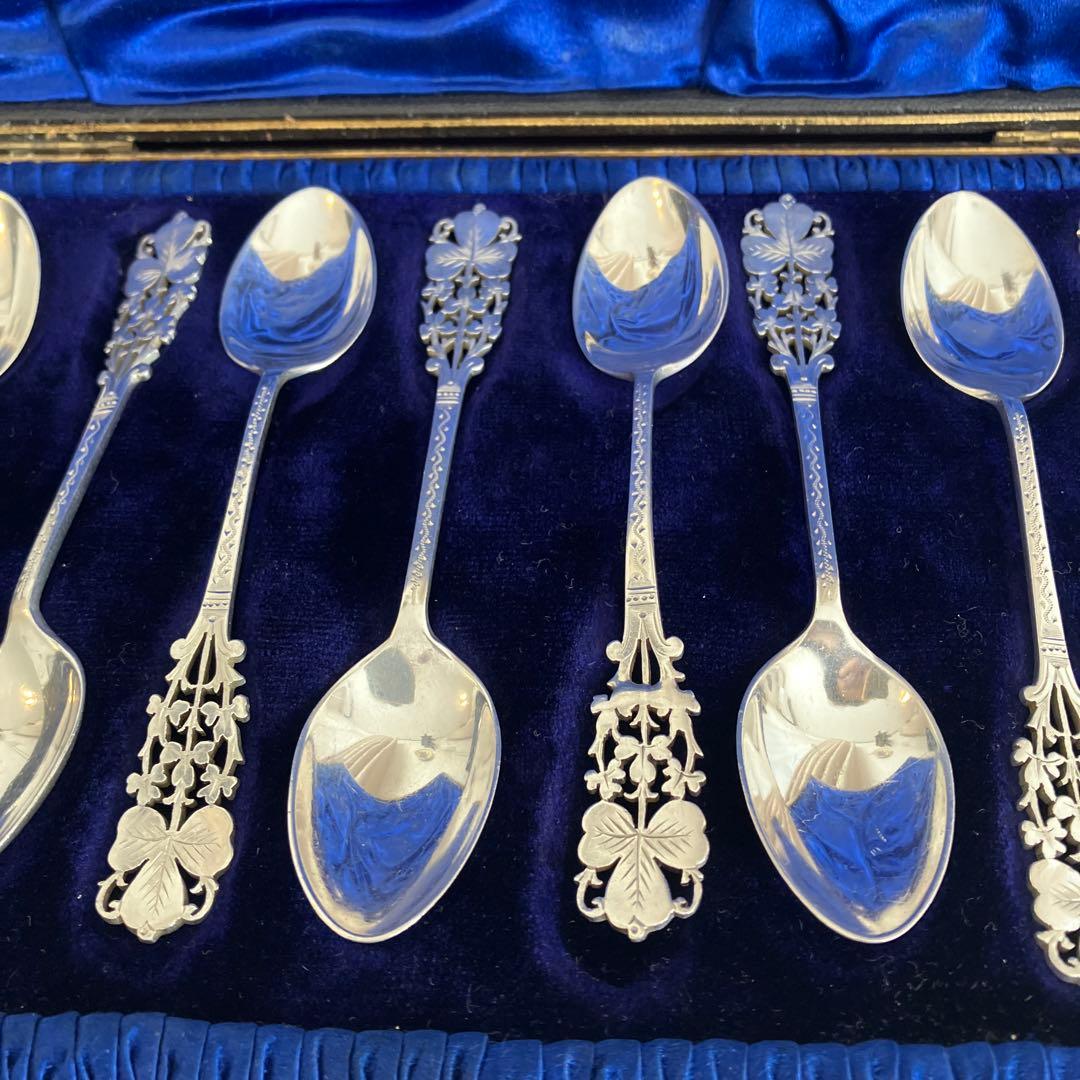 英国アンティーク　純銀　バーナード　クローバーピアススプーンセット12本