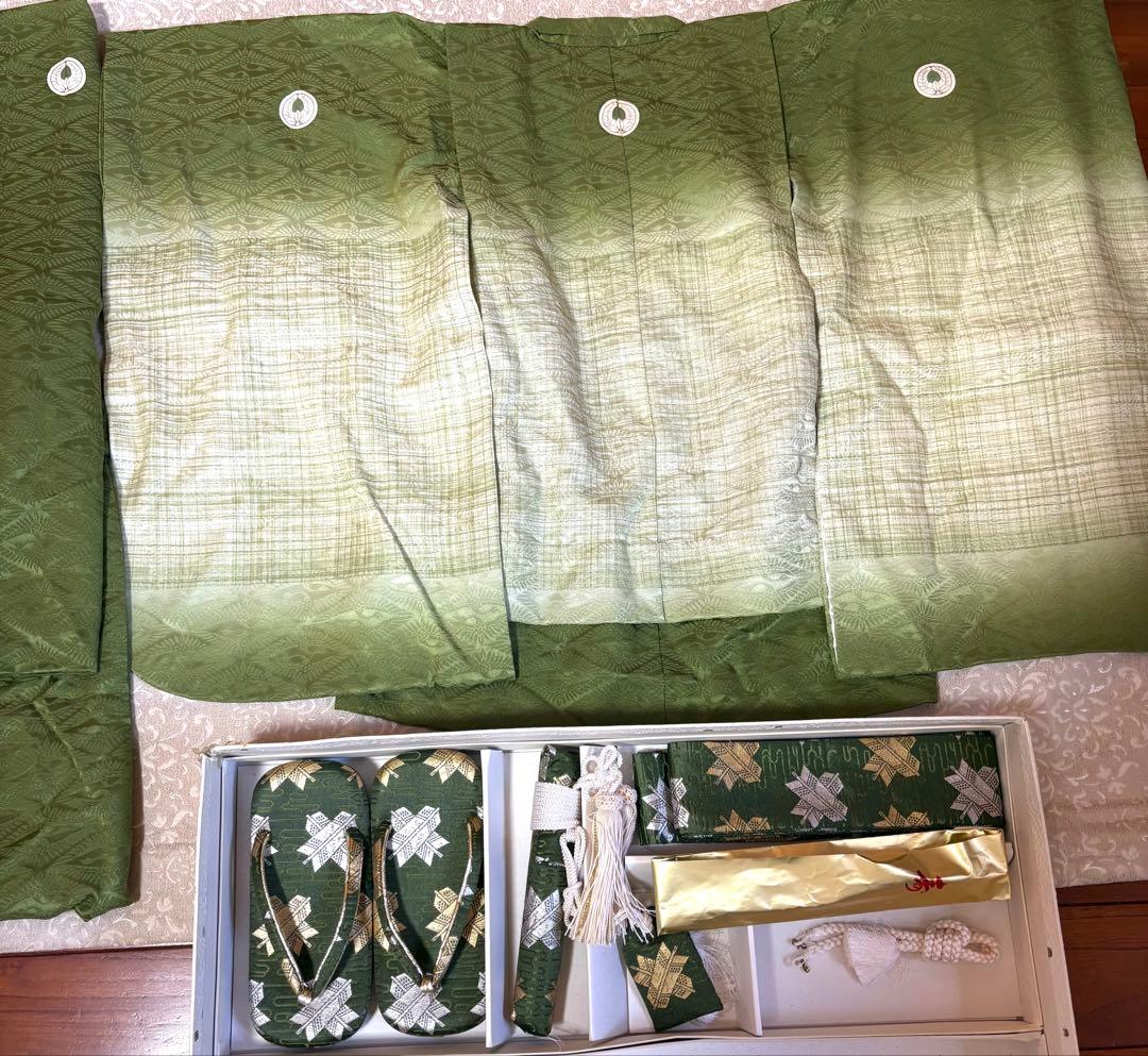 七五三　5才　男の子　晴れ着一色　フルセット　一度使用　グリーン濃淡系　違い矢紋