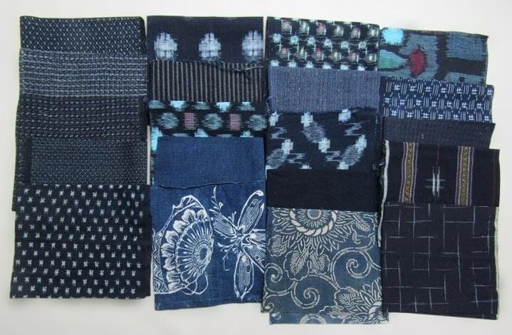 古布藍染木綿 060 無地 絣、型染め、縞などのはぎれ20種20枚セット