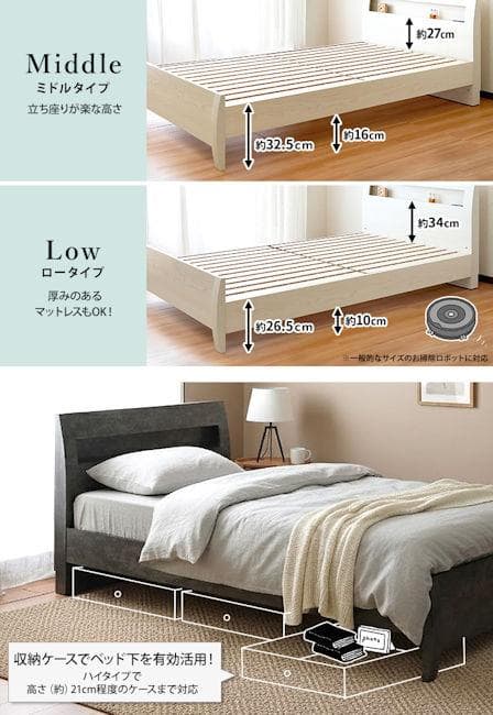３段階高さ調節可能 宮棚コンセント付ベッドフレームすのこベッド（シングル）904