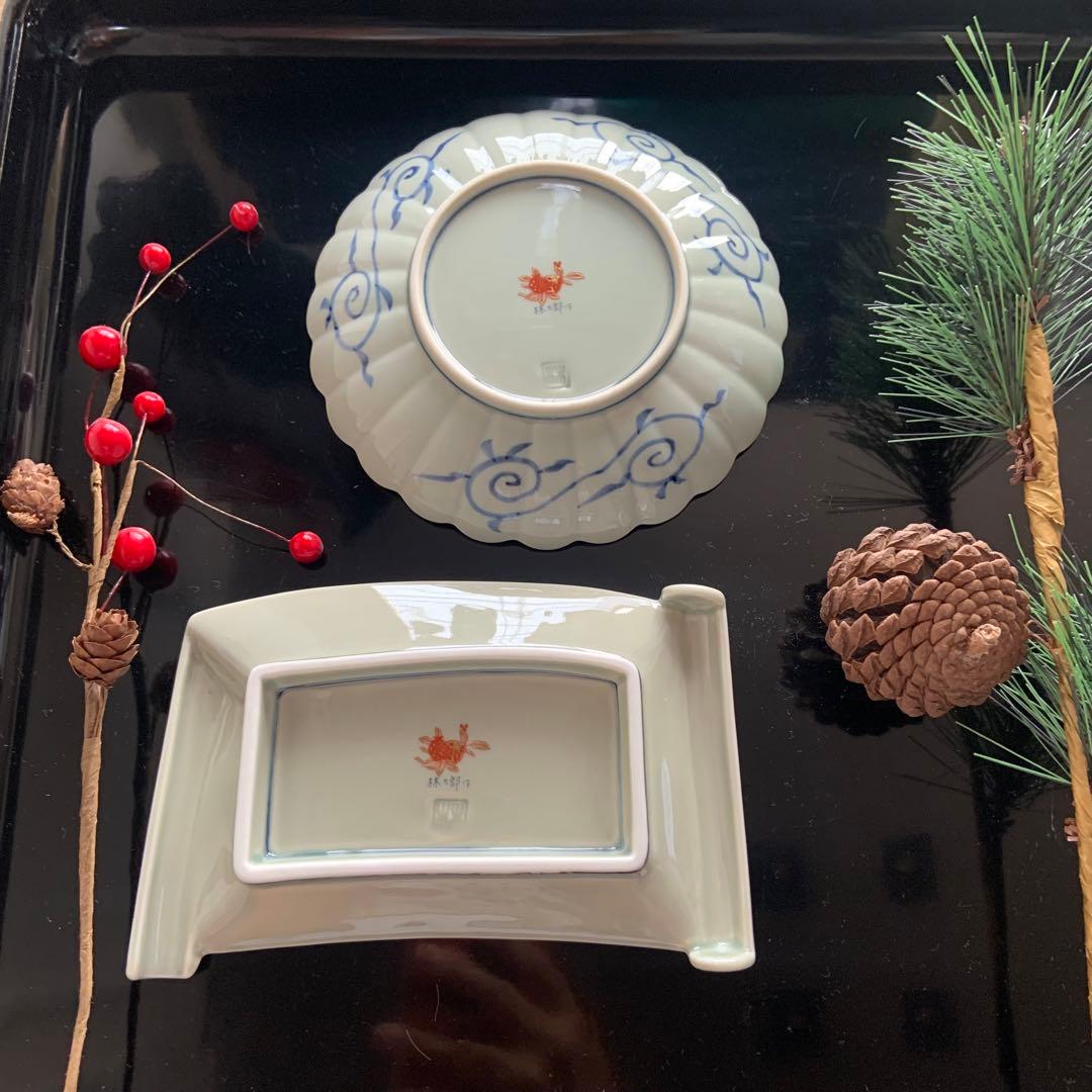 【貴重】《波佐見焼》林九郎　古伊万里風　染錦　金彩蝶　銘々皿　巻物型　在庫2枚