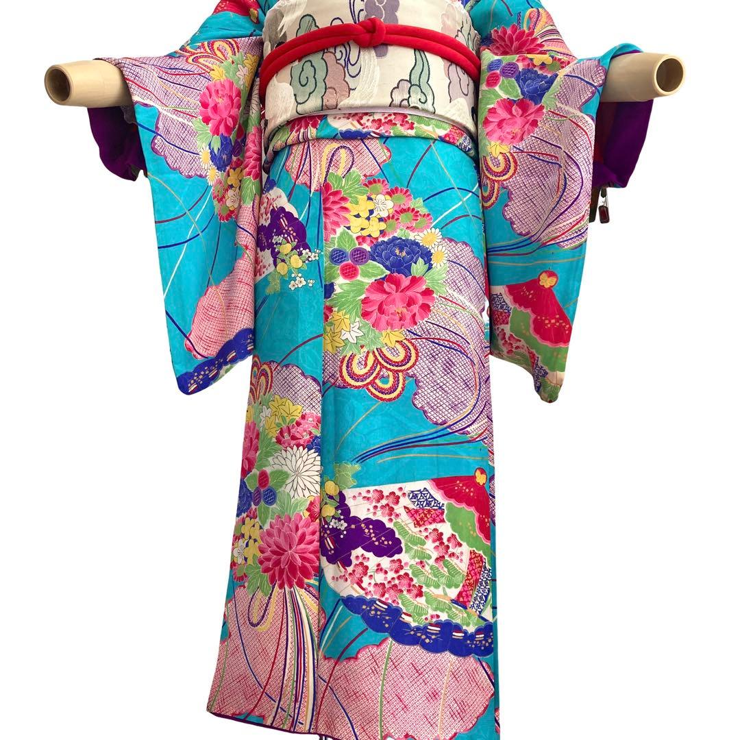 ターコイズ 昭和レトロ 大正ロマン アンティーク着物 大人 ジュニア 袴 着物