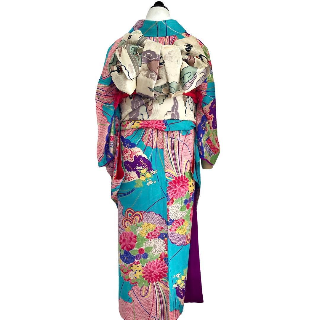 ターコイズ 昭和レトロ 大正ロマン アンティーク着物 大人 ジュニア 袴 着物