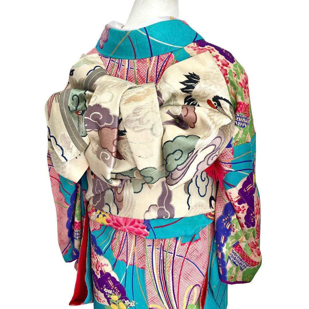 ターコイズ 昭和レトロ 大正ロマン アンティーク着物 大人 ジュニア 袴 着物