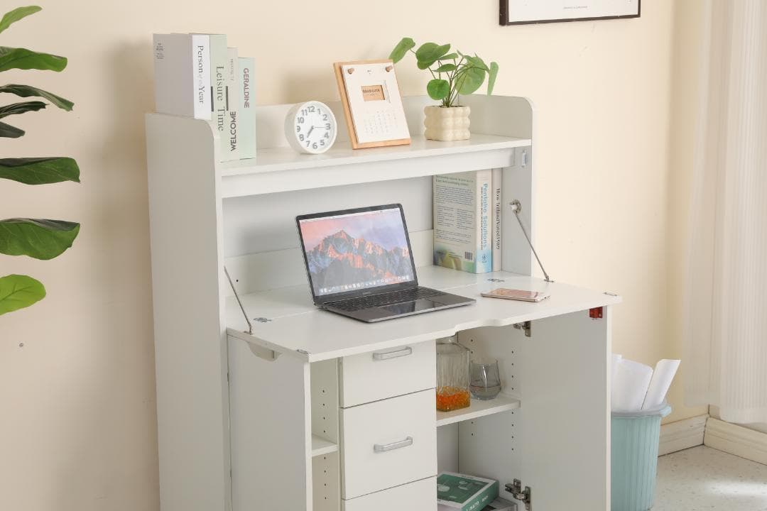 【ホワイト】学習机デスクパソコンデスク勉強机折り畳み天板引き出pcデスク