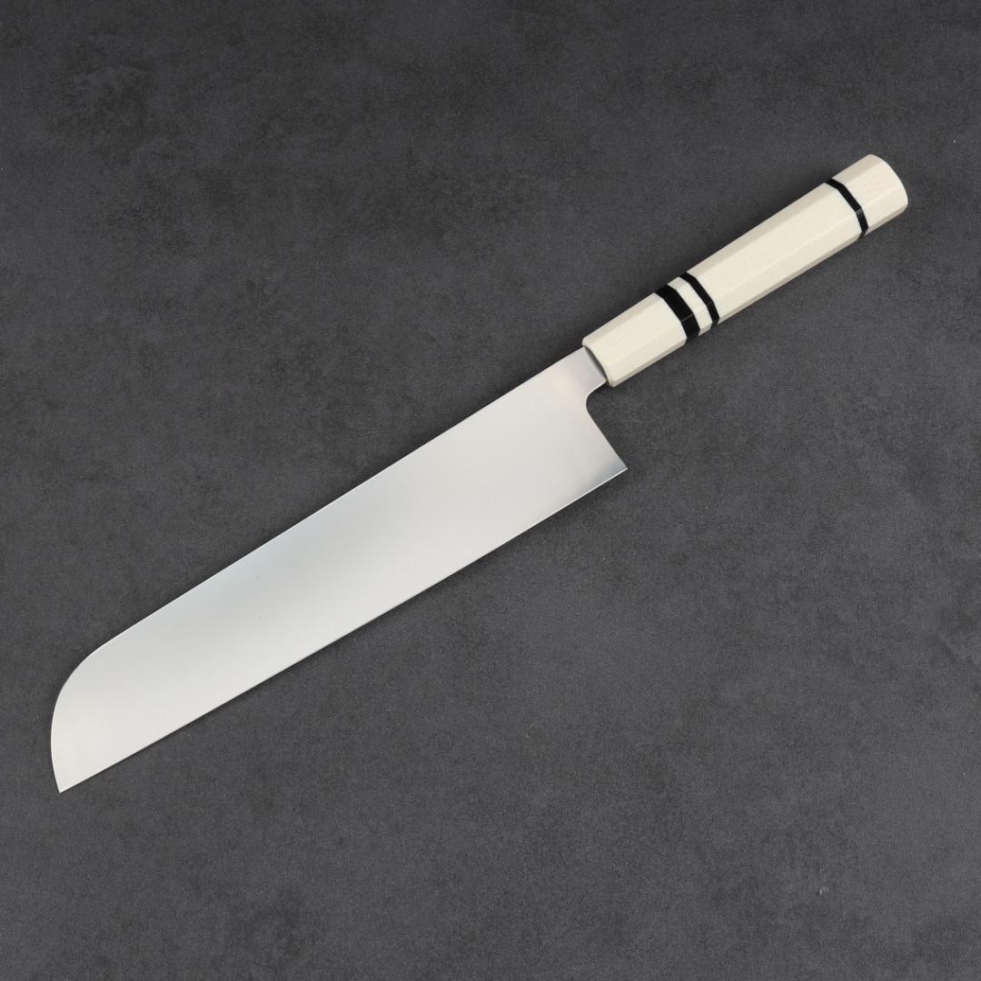 7017 鎌型薄刃包丁 8寸 刃渡り240mm 刺身包丁 人工象牙黒三本巻八角柄