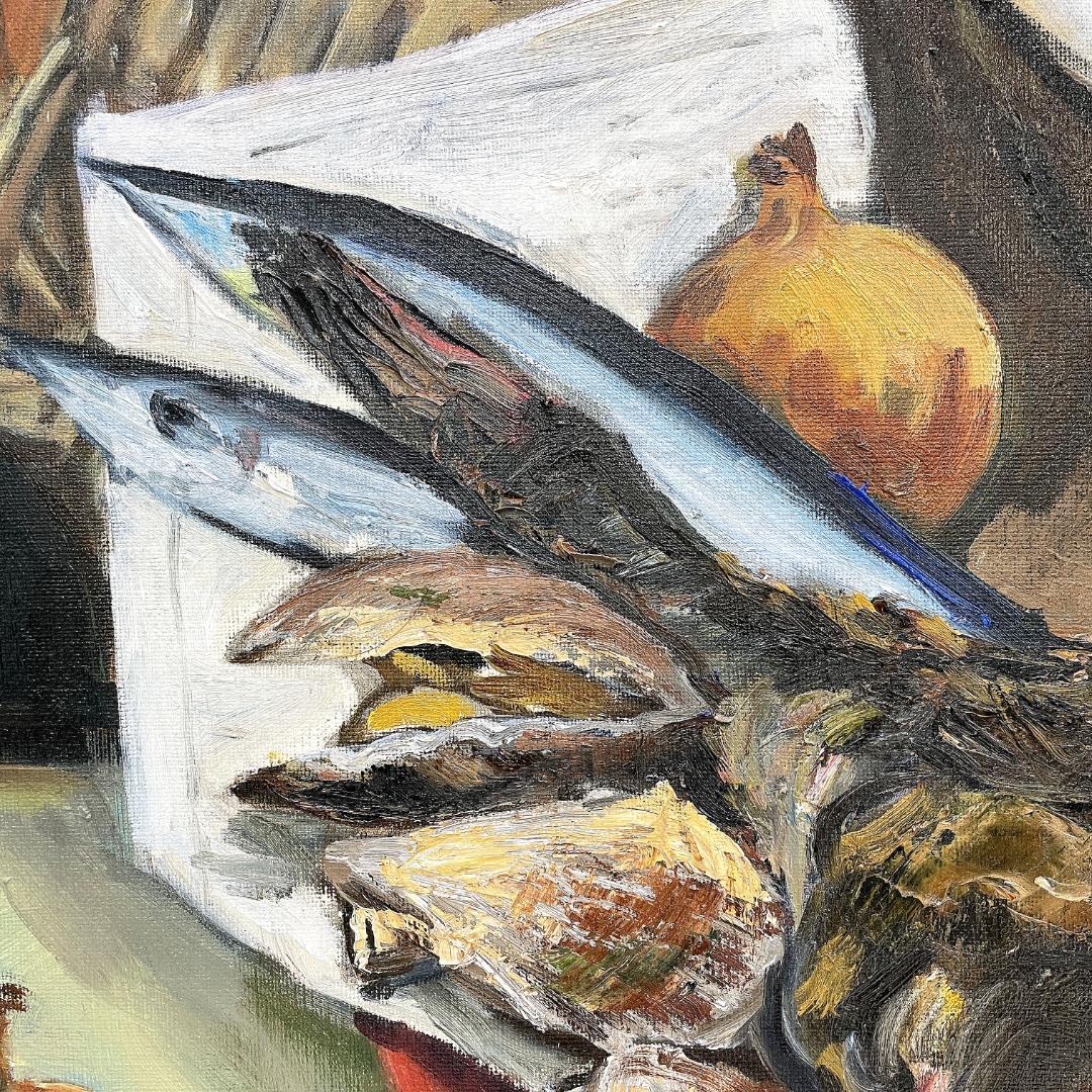 真作保証 河合キヨ子『アンコウのいる静物（不明）』直筆サイン入り