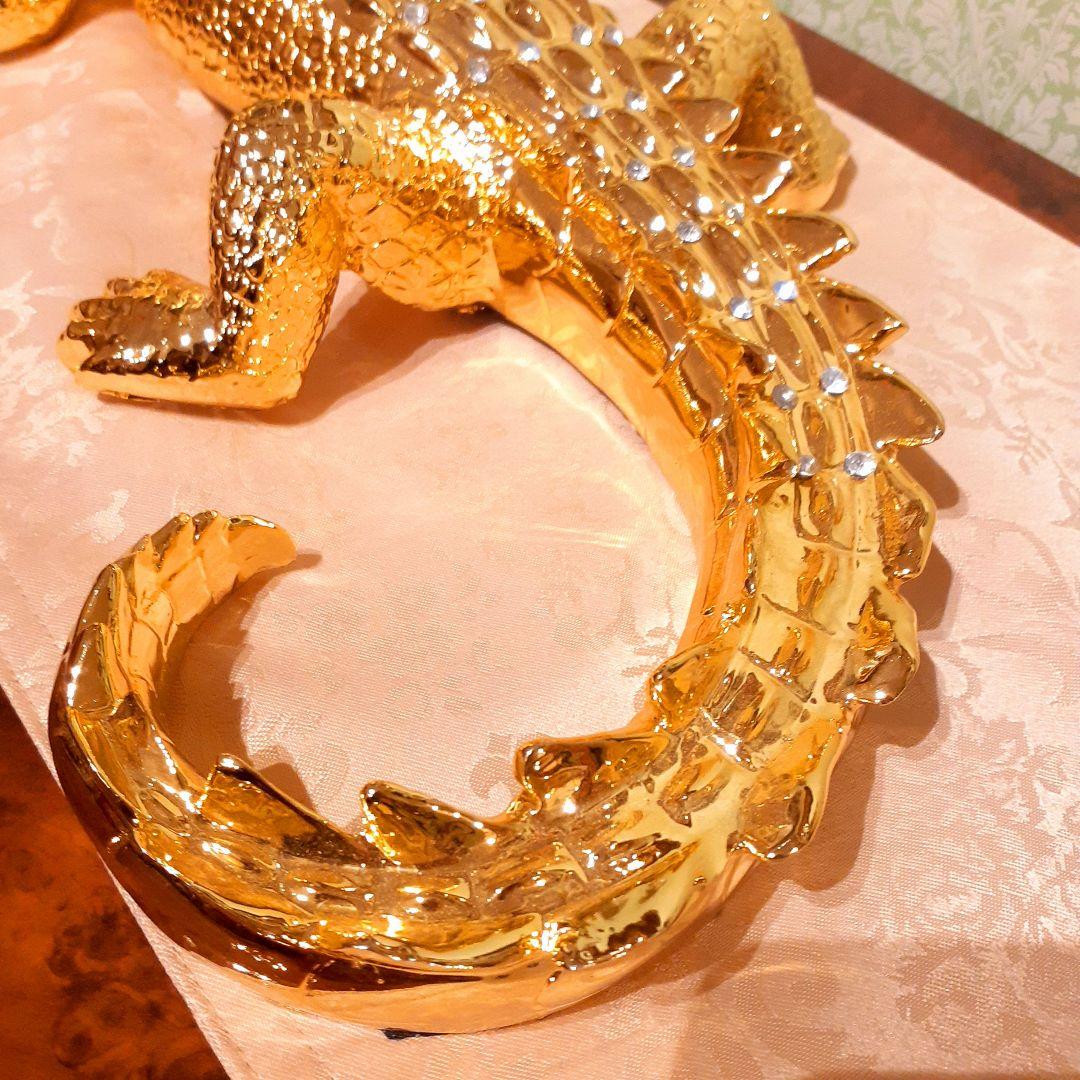 輸入雑貨　アニマルオブジェ　クリスタル&24金仕様　『クロコダイル』金色　縁起物