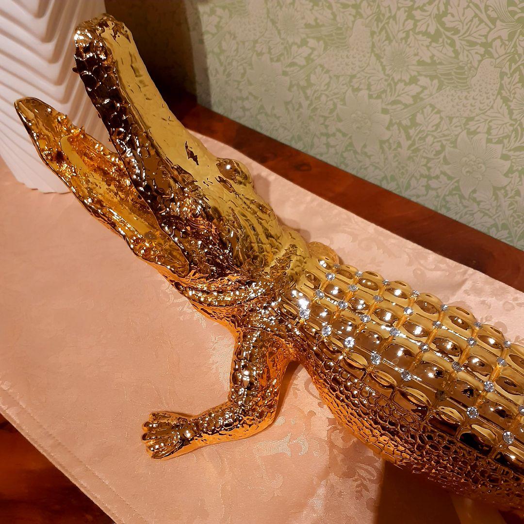 輸入雑貨　アニマルオブジェ　クリスタル&24金仕様　『クロコダイル』金色　縁起物