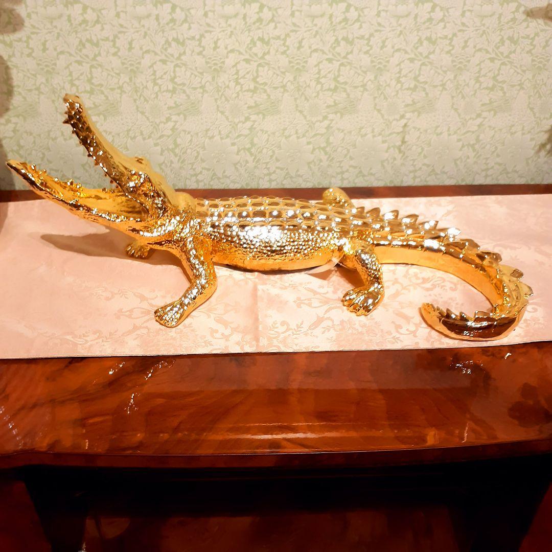 輸入雑貨　アニマルオブジェ　クリスタル&24金仕様　『クロコダイル』金色　縁起物