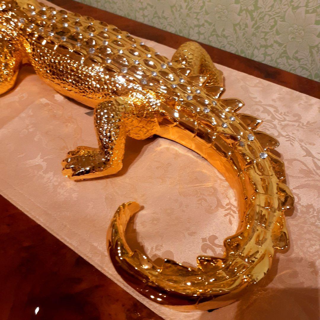 輸入雑貨　アニマルオブジェ　クリスタル&24金仕様　『クロコダイル』金色　縁起物