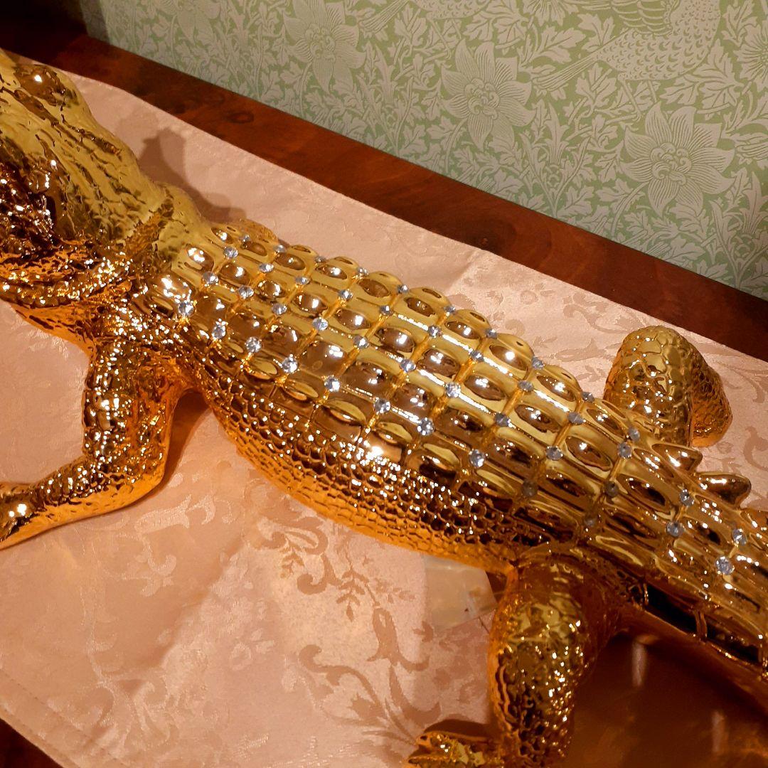 輸入雑貨　アニマルオブジェ　クリスタル&24金仕様　『クロコダイル』金色　縁起物