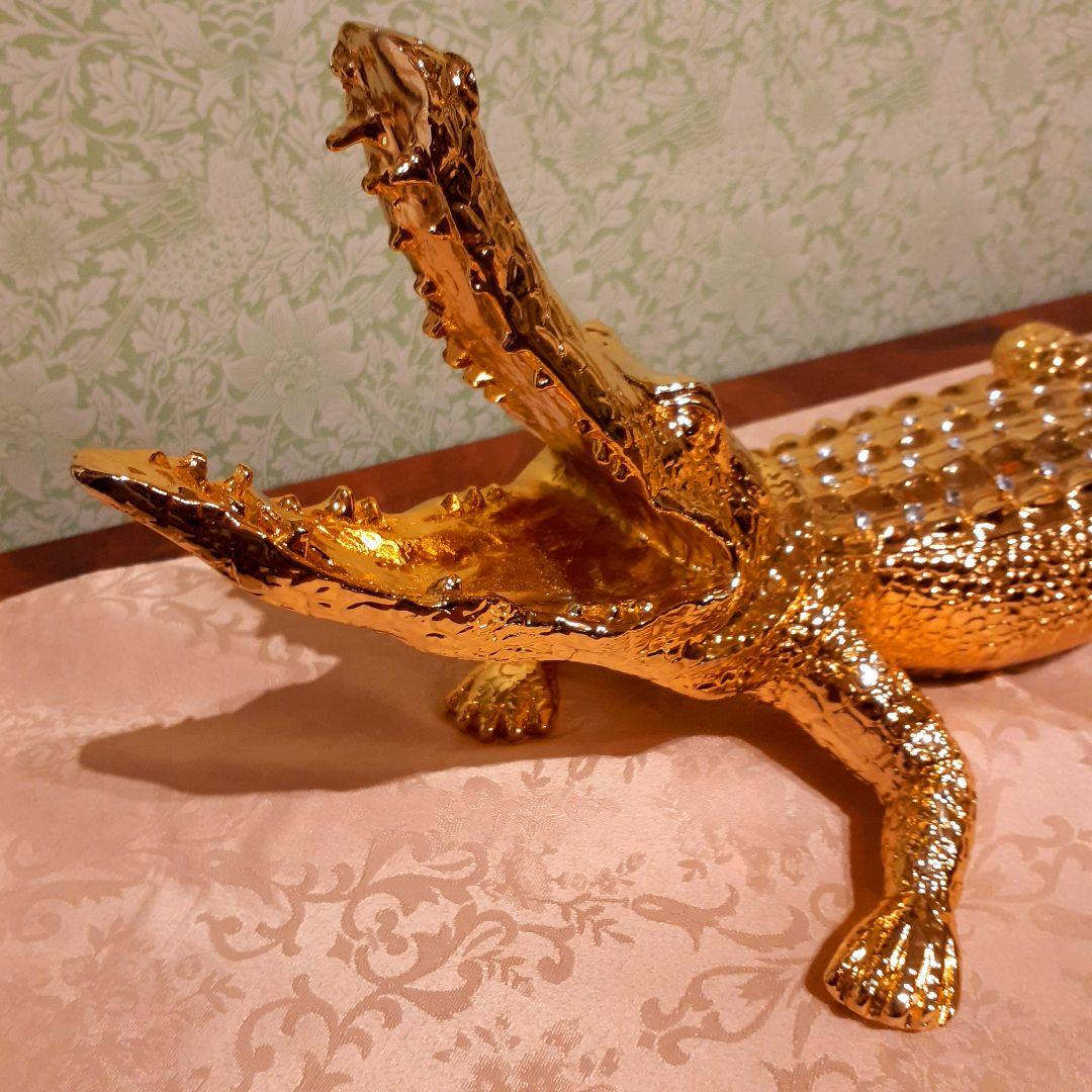 輸入雑貨　アニマルオブジェ　クリスタル&24金仕様　『クロコダイル』金色　縁起物