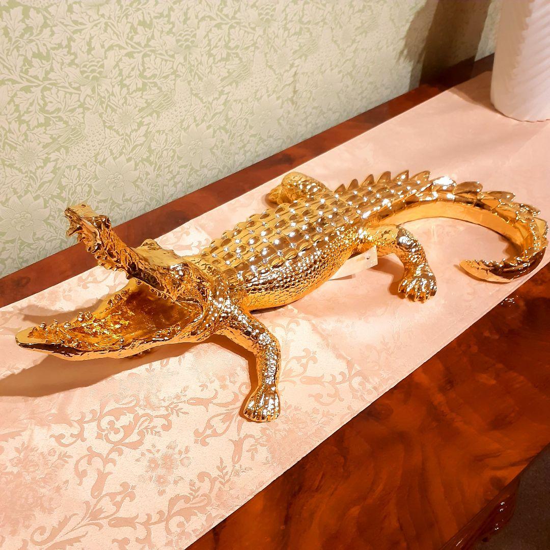 輸入雑貨　アニマルオブジェ　クリスタル&24金仕様　『クロコダイル』金色　縁起物