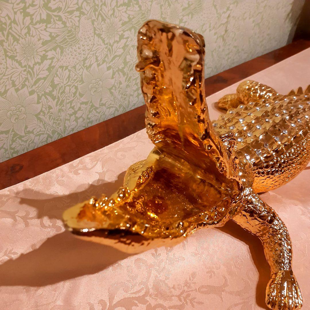 輸入雑貨　アニマルオブジェ　クリスタル&24金仕様　『クロコダイル』金色　縁起物