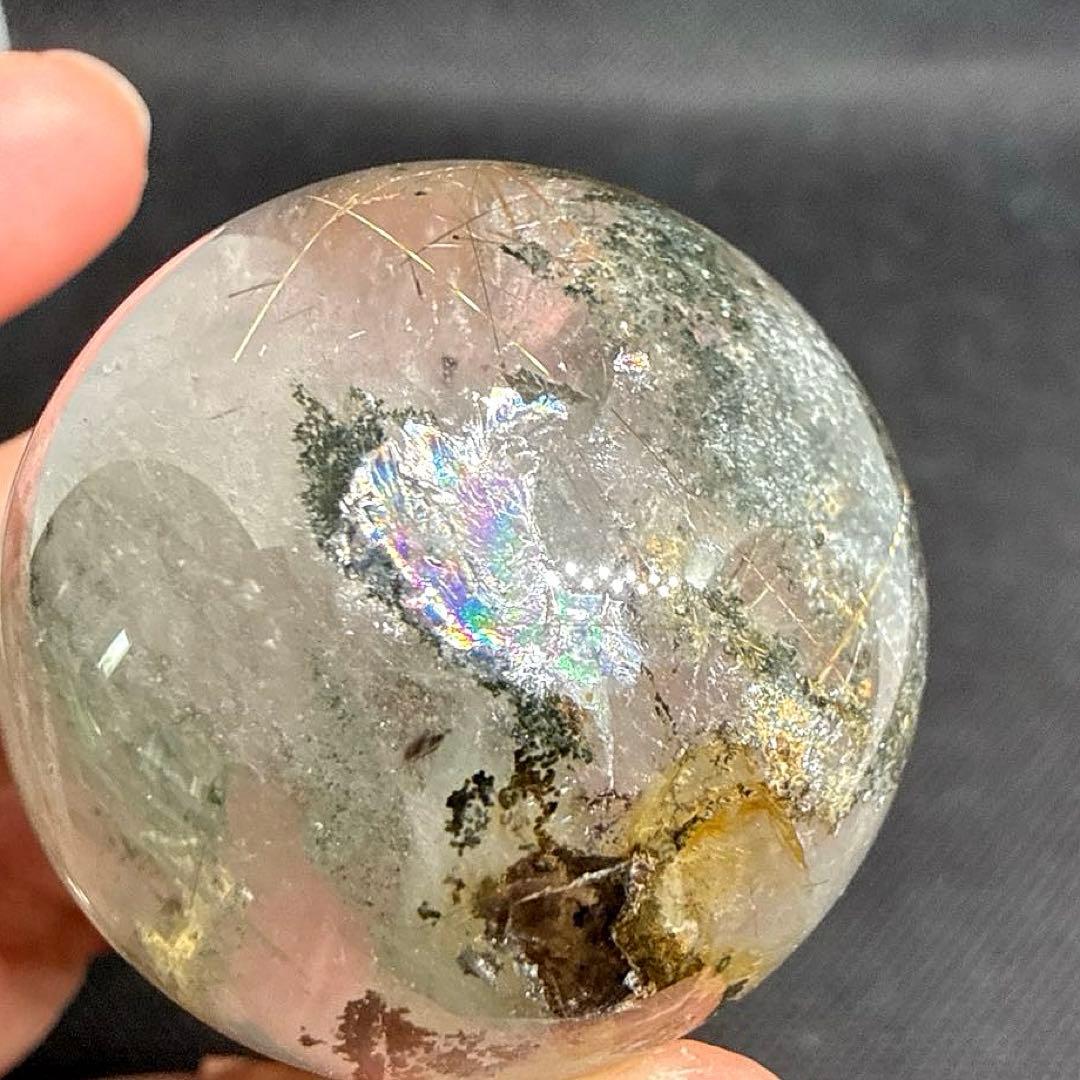 ルチル×クォーツインガーデンクォーツ　スフィア【ファントム、虹】ランダム台座付き