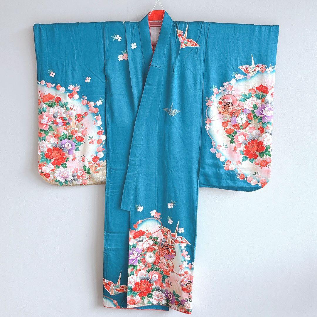 七五三　7歳女の子　フルセット　きもの　青系　金プリント　花鼓　折り鶴　7285