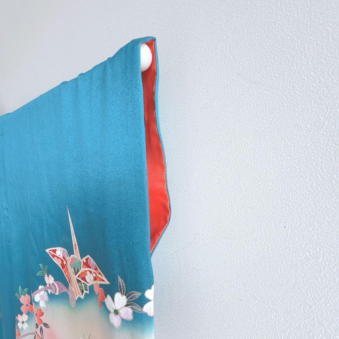 七五三　7歳女の子　フルセット　きもの　青系　金プリント　花鼓　折り鶴　7285