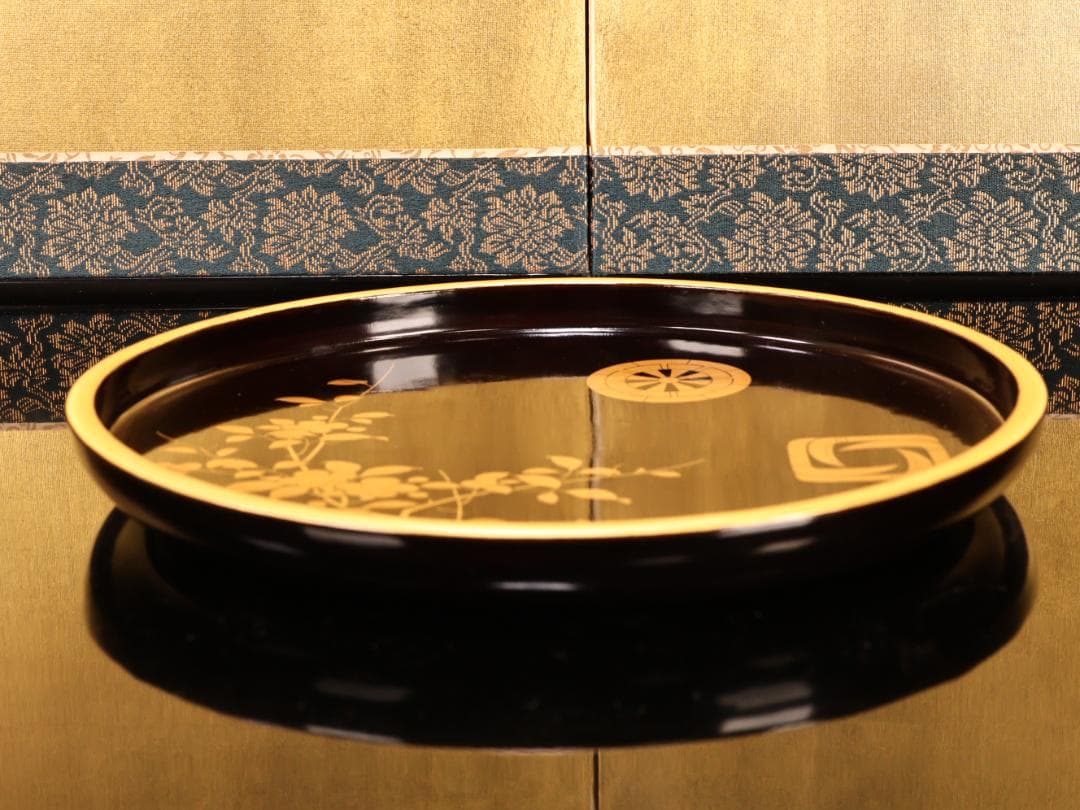 BK419　時代輪島塗　春草家門金蒔絵　丸盆　煎茶盆　菓子盆　三客　大聖寺　吸物