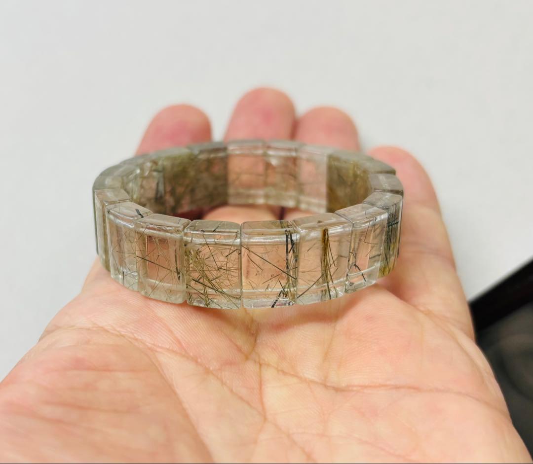 天然アクチノライト・イン・クォーツバングル（緑閃石）鑑別書付③グリーンルチル