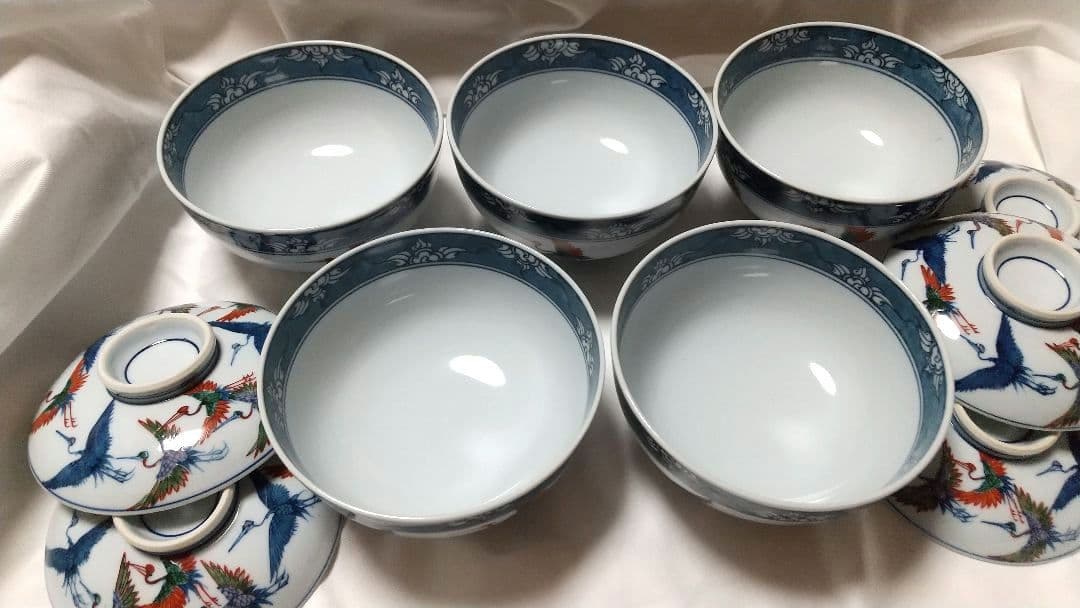 有田焼 源右衛門窯 染錦 舞鶴 蓋碗 蓋物 丼 5客組 雑煮 正月 未使用品