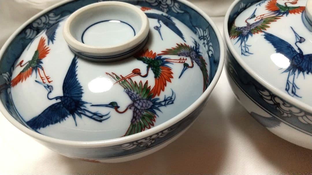 有田焼 源右衛門窯 染錦 舞鶴 蓋碗 蓋物 丼 5客組 雑煮 正月 未使用品