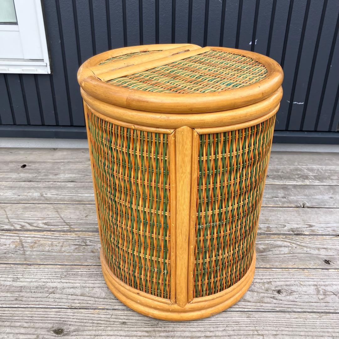 昭和レトロ ラタン 円筒形フタ付きごみ箱 円形スツール ラタンスツール 丸椅子