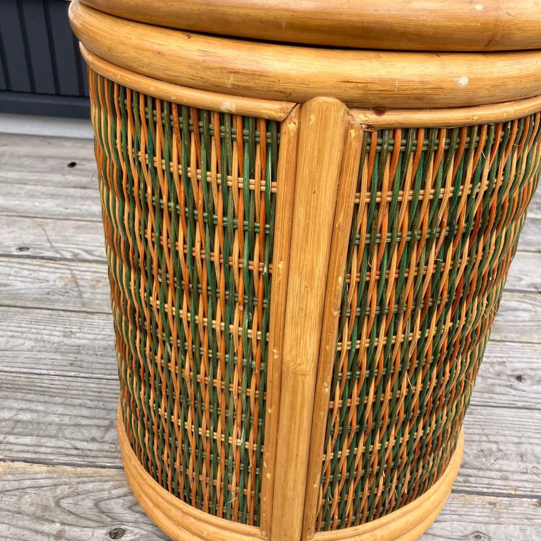 昭和レトロ ラタン 円筒形フタ付きごみ箱 円形スツール ラタンスツール 丸椅子