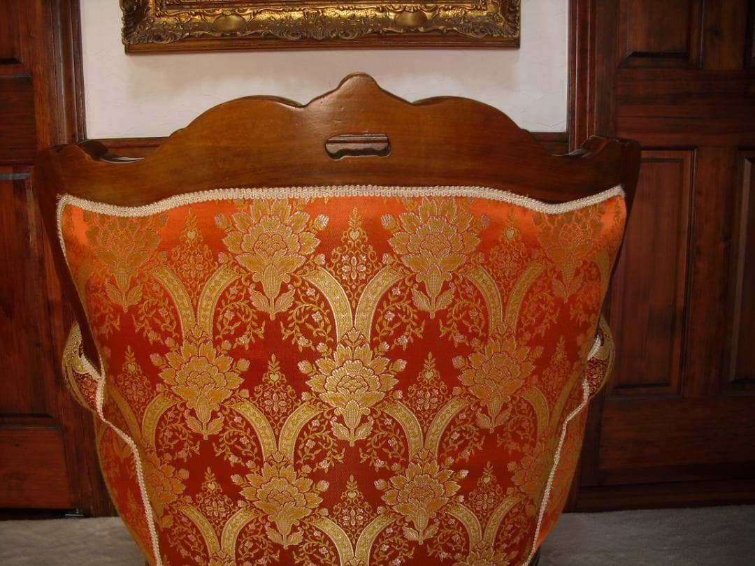 イタリア製 ロココ様式 １Pソファ☆金糸 薔薇 ダマスク柄 張替済み☆猫脚 彫刻